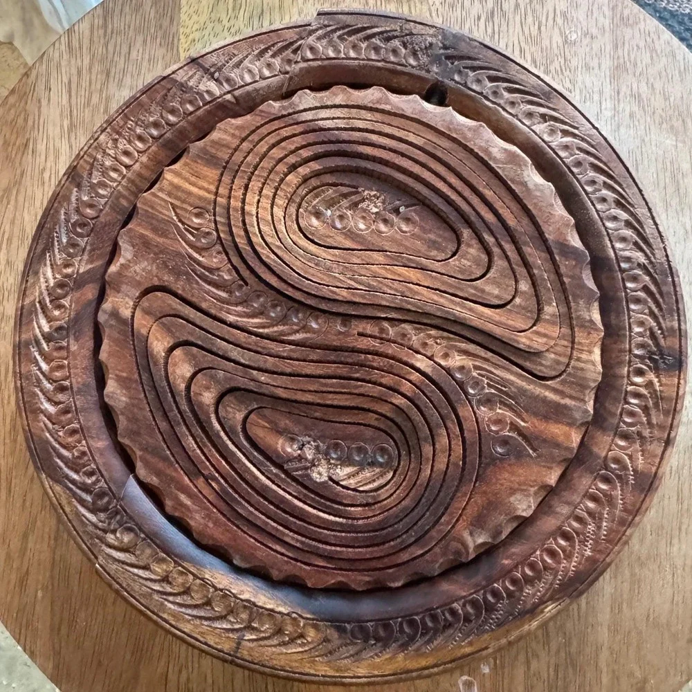 VTG Hand Carved Collapsible Yin Yang Wood Basket Folding Fruit Bowl Decorative‎